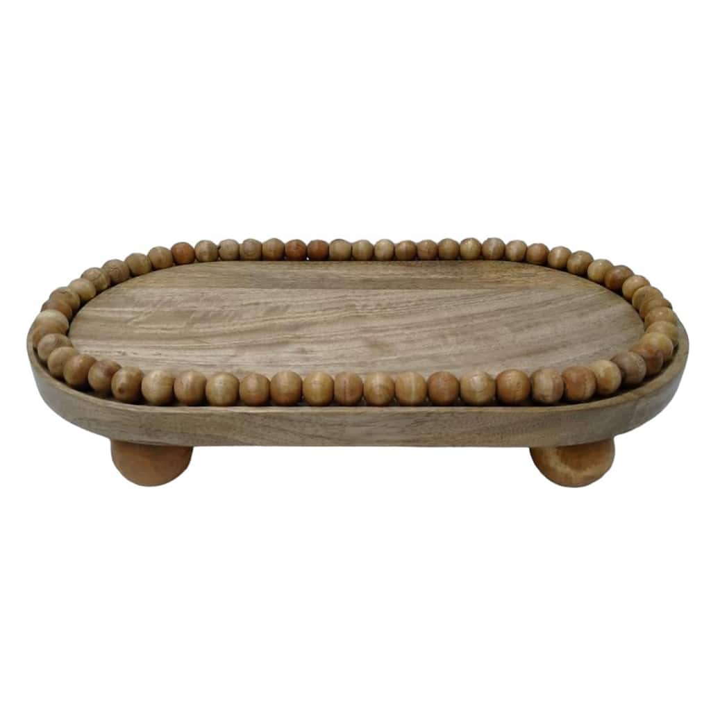 Decorative Mango Wood Beaded Oval Tray with Ball Feet - 16", Brown