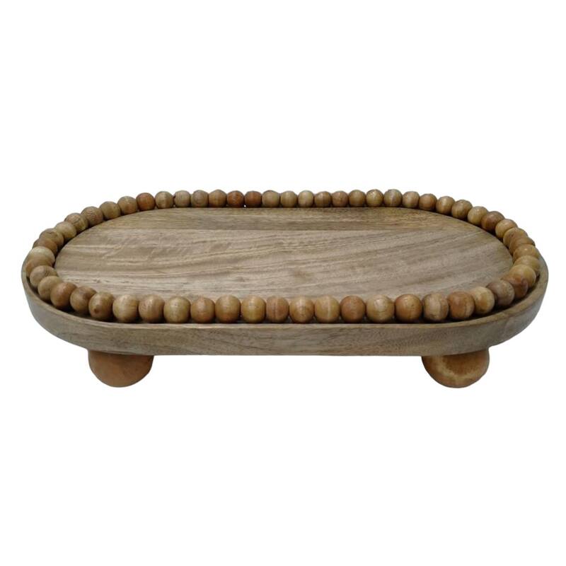 Decorative Mango Wood Beaded Oval Tray with Ball Feet - 16", Brown