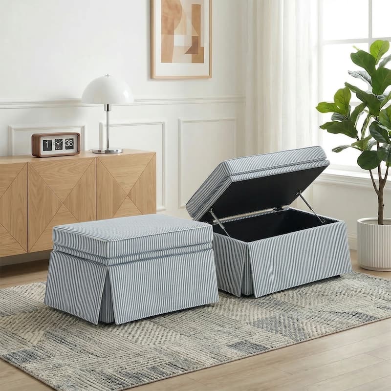 2 Set Rectangle Chenille Upholstered Storage Ottoman - Pinstripe Blue