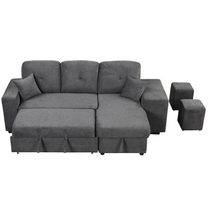 95" Velvet Sectional Sofa with Storage Chaise and 2 Stools and Reversible L-Shape Sofa Bed