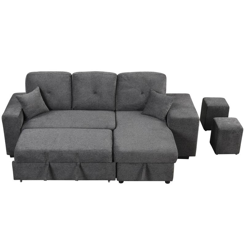 Reversible Sleeper Sectional Sofa Bed with Side Shelf and 2 Stools,Pull-Out L-Shaped Sofa Bed