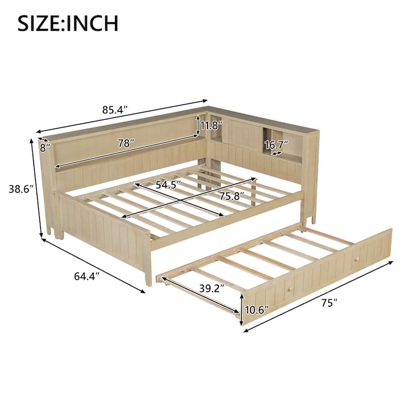 Full Size L Shaped Daybed with Twin Trundle, Wood Sofa Bed Frame with Storage Shelves and Slats Support, No Box Spring Needed
