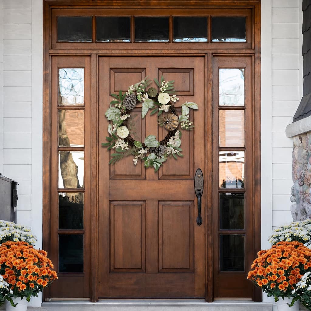 20" Pumpkin Berries Pinecones Artificial Fall Harvest Twig Wreath 20"