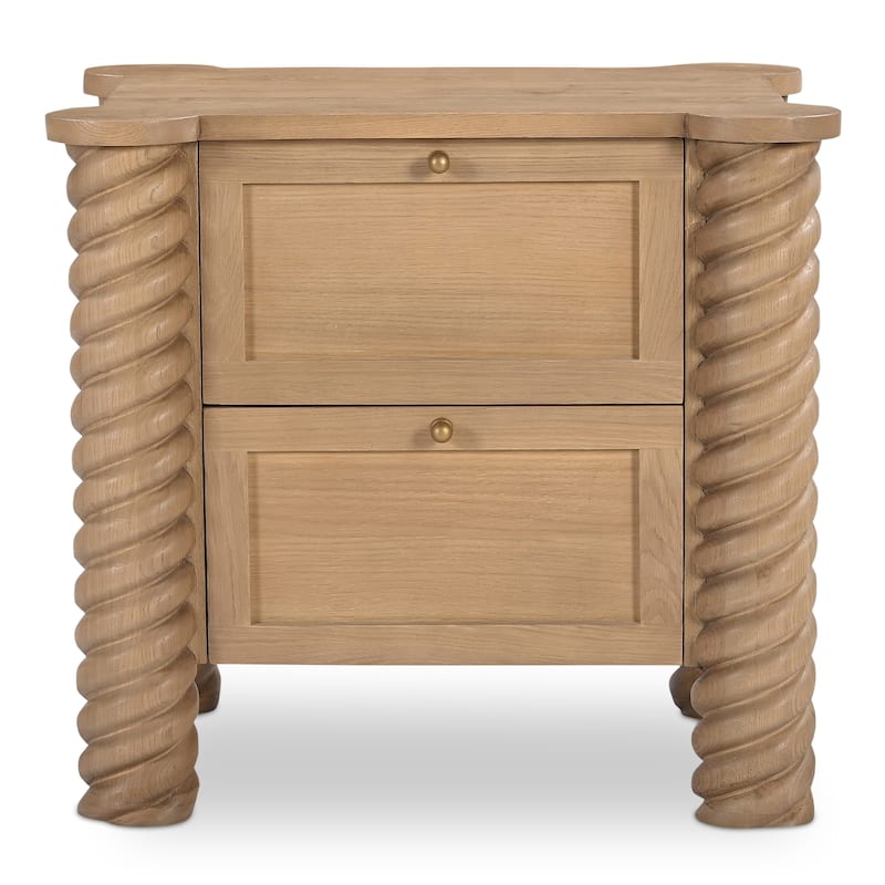 NADAAL STUDIOS Calvert Treccia Nightstand, Solid Oak with Oak Veneer Panels, 2 Drawers, Turned Legs, Natural Finish - 2-drawer - Oak