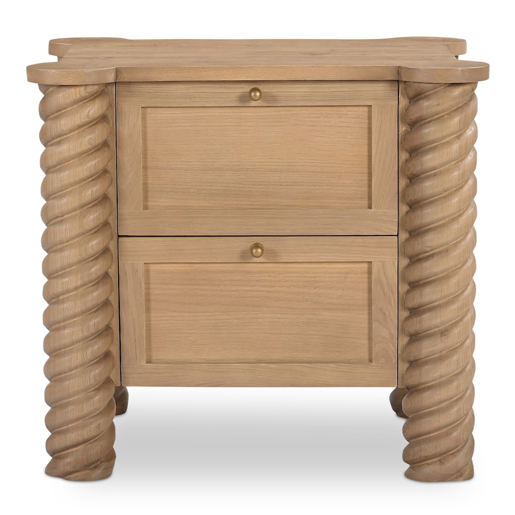 NADAAL STUDIOS Calvert Treccia Nightstand, Solid Oak with Oak Veneer Panels, 2 Drawers, Turned Legs, Natural Finish