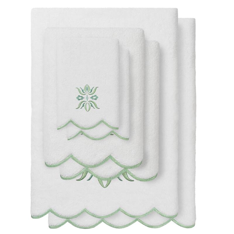 Authentic Hotel and Spa 100% Turkish Cotton FLOWER CREST Scallop Towel Collection - White/Green - 6 Piece Set