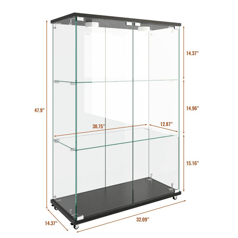 Modern Glass Display Cabinet with LED Lights, 2-Door Tempered Glass Bookshelf with 3 Shelves and Wheels for Living Room