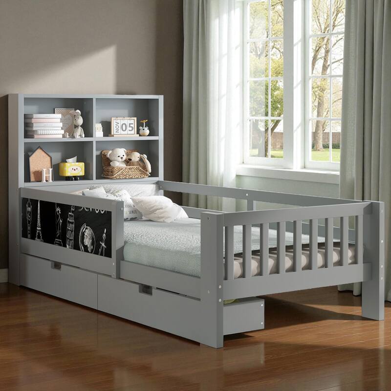 Twin/Full Solid Wood Platform Bed with Chalkboard Headboard, Storage Drawers and Shelves, Space-Saving Kids Bed - Grey - Twin