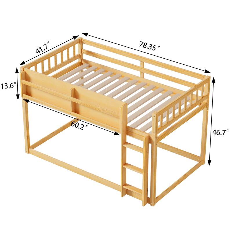 Low Twin Over Twin Bunk Bed, Floor Bunk Bed with Ladder, Solid Wood Twin Bunk Bed for Kids & Juniors