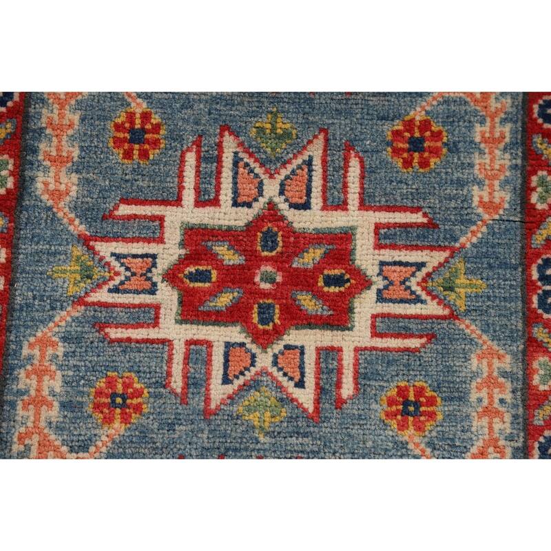 Hand Knotted Oriental 100% Wool Carpet Traditional Geometric Navy Blue & Blues Kazak Area Rug - 3' 0'' X 2' 0''