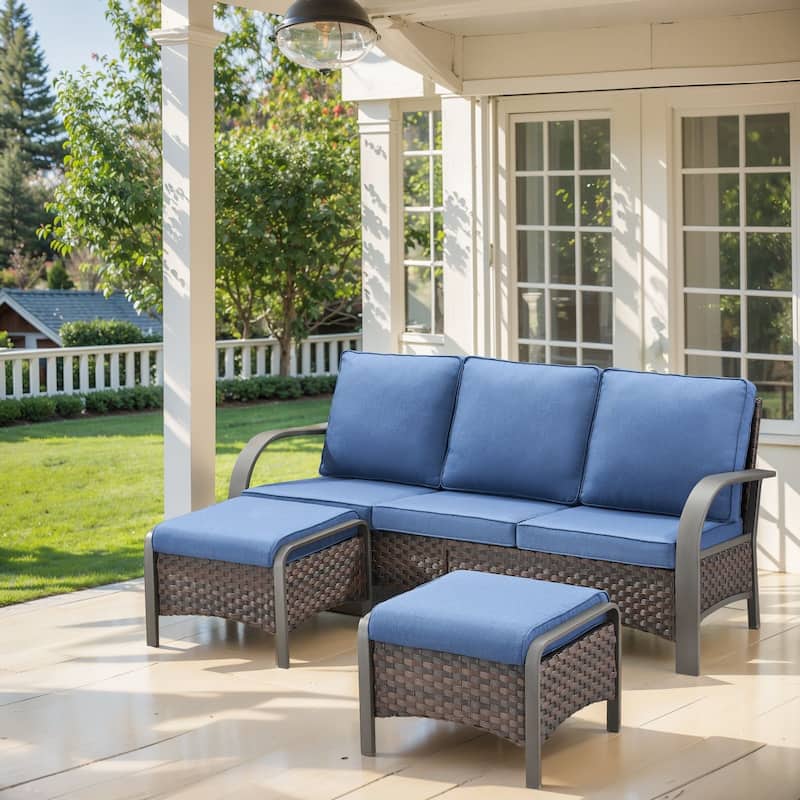 Pocassy Outdoor Sofa Ottomans Patio Furniture - Blue Cushion - 3PCS Sofa with Ottoman