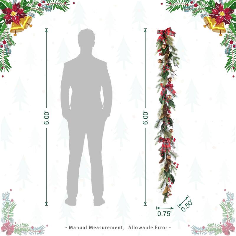 Glitzhome Christmas Bell Pinecone & Berry Bow Wreath Teardrop Garland Wall Decor