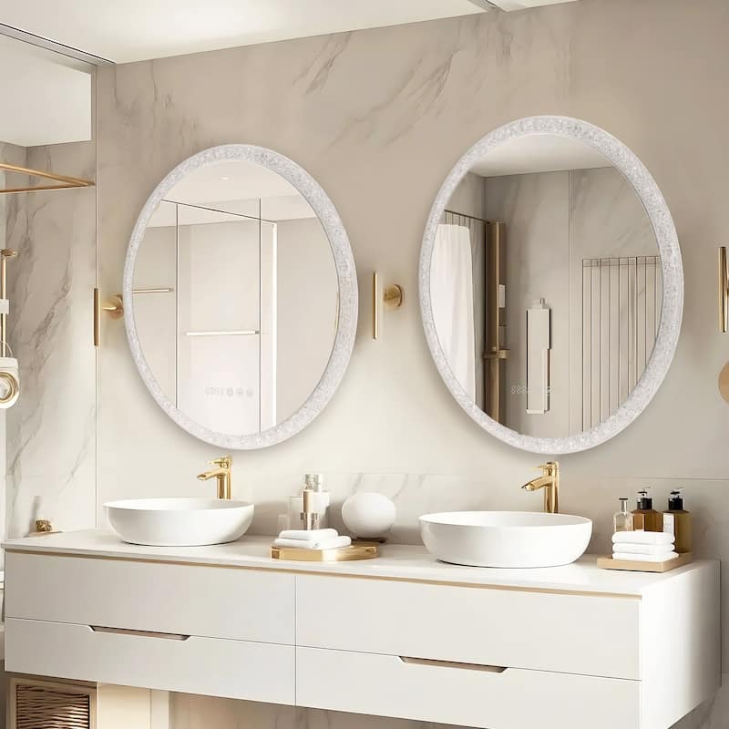 Smart Round Bathroom Mirror with LED Ring Light, Touchscreen, Anti-Fog, and Dimmable Brightness