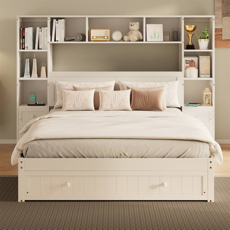 Full/Queen Size Platform Bed w/All-in-One Storage Cabinet, Multi-Functional Captain Bed w/Drawers, 2 Charging Stations & Shelves