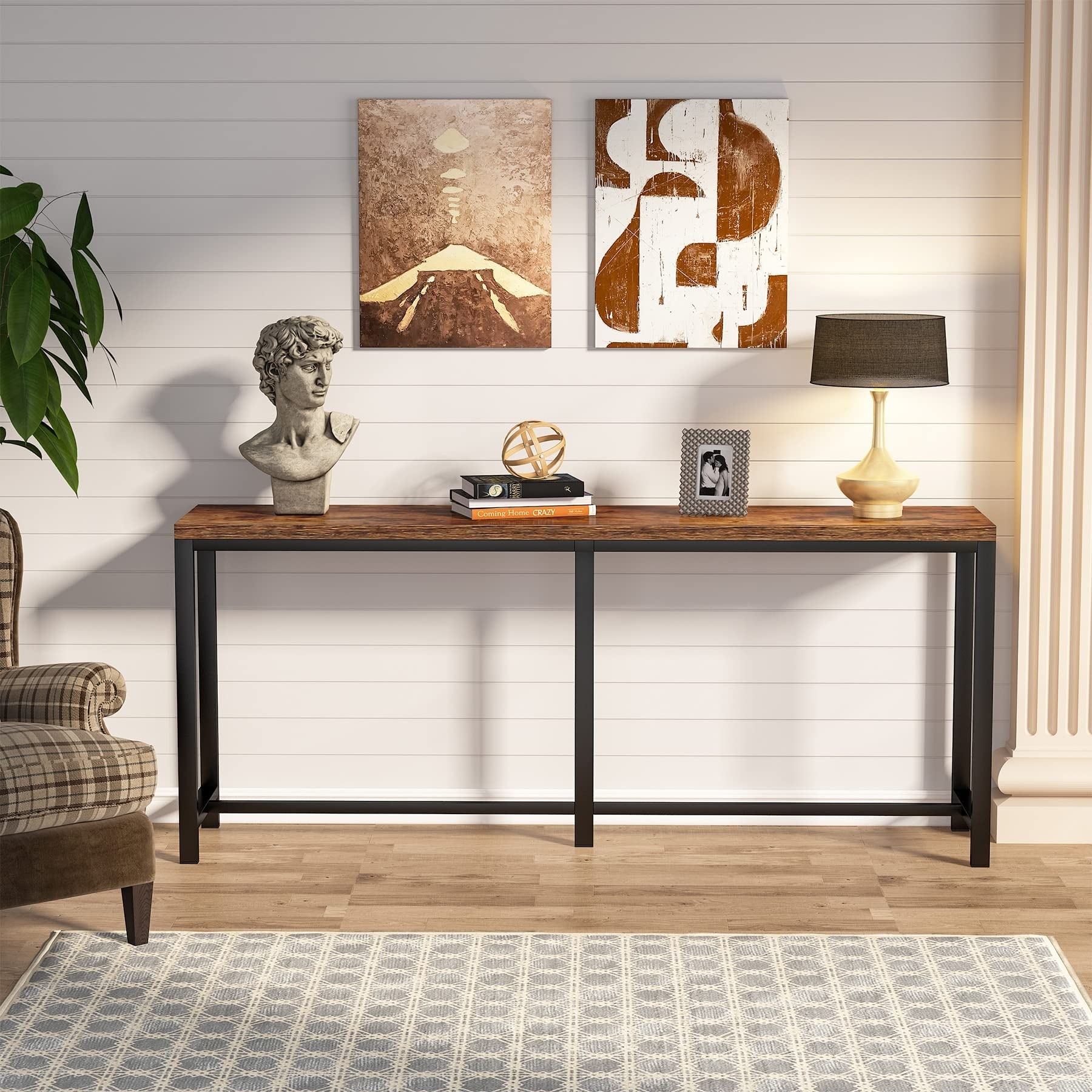 Long table behind sales couch