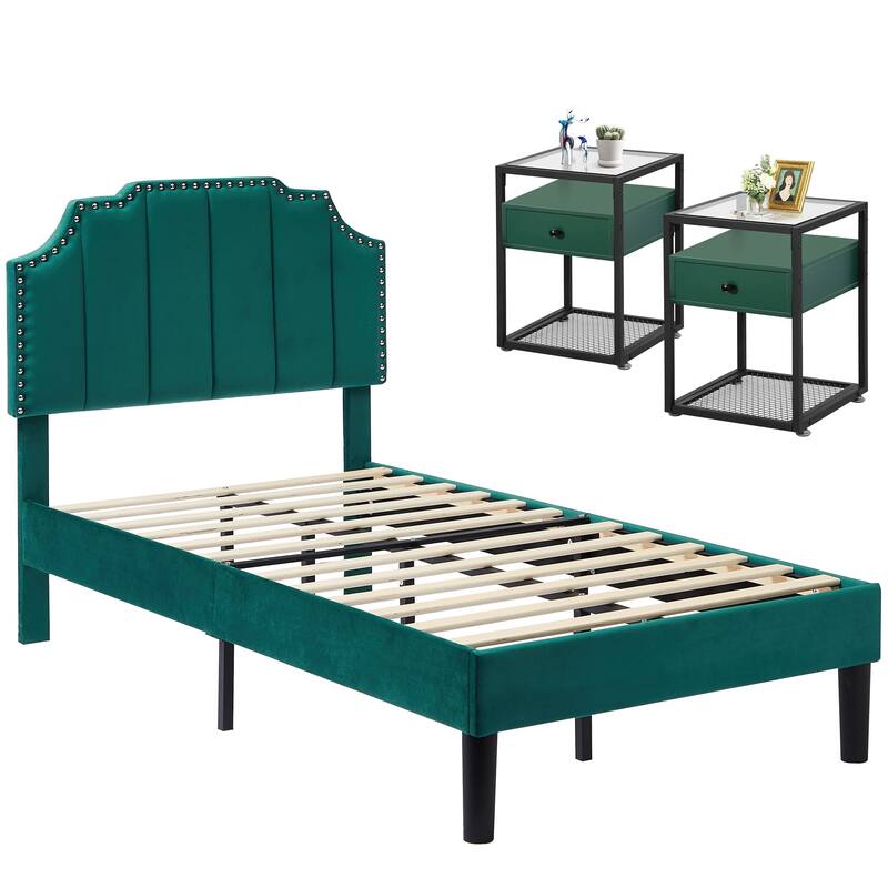 Bedroom Sets, 15 Style Options, 3-pieces Bedroom Set with Height Adjustable Upholstered Bed and Nightstands Set of 2-VECELO