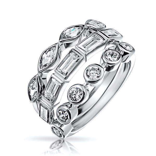 Bling Jewelry Baguette Marquise Round CZ Stackable Set of 3 Rings Silver