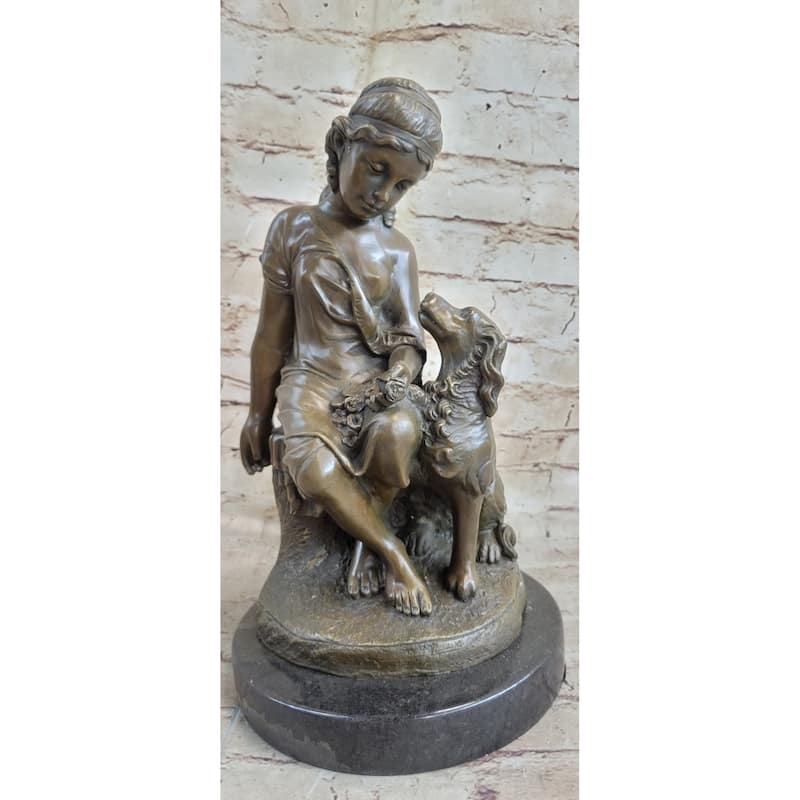 Clical Girl With Puppy Imitative Dog Bronze Statue Sculpture Figure On Marble Base 15 Inches X 8 Inches