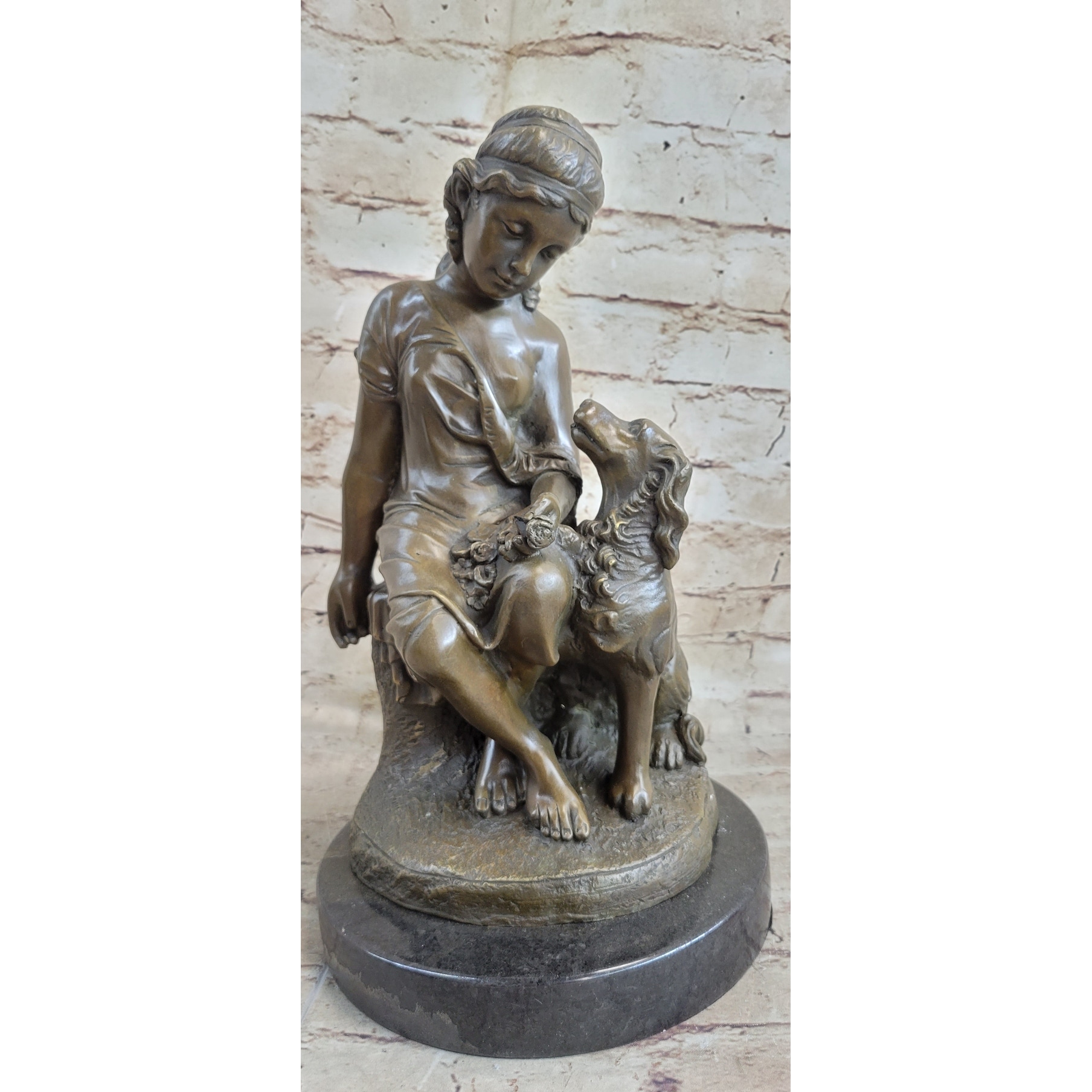 Clical Girl With Puppy Imitative Dog Bronze Statue Sculpture Figure On Marble Base 15 Inches X 8 Inches