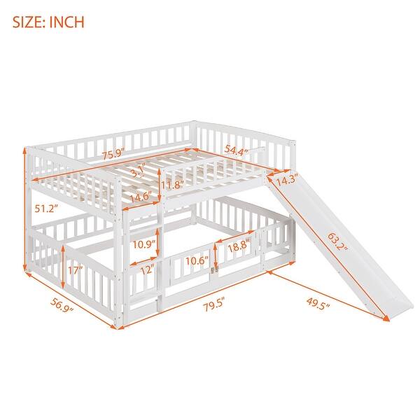 dimension image slide 1 of 2, Contemporary Modern Style Full Over Full Low Bunk Bed,Solid Wood Bed with Fence and Ladder for Kids,Versatile Bunk Bed
