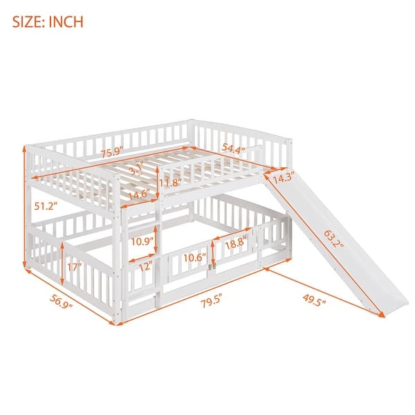 dimension image slide 0 of 5, Solid Wood Low Bunk Bed with Slide,Fence and Ladder