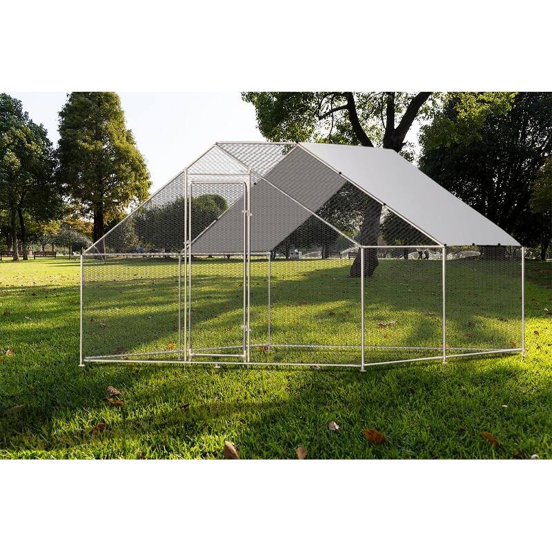 Metal Chicken Coop Walk-in Poultry Cage with Waterproof - Outdoor Safe - Silver