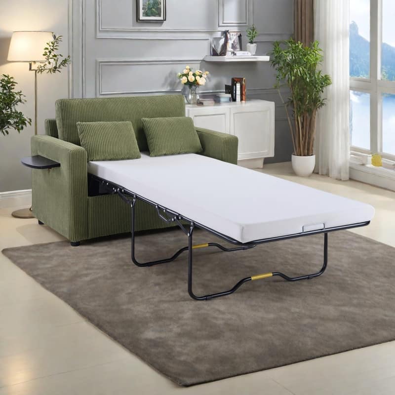 47.2" Corduroy Twin Sleeper Sofa with Foldable Mattress, Side Table, USB Ports, and Storage Pocket