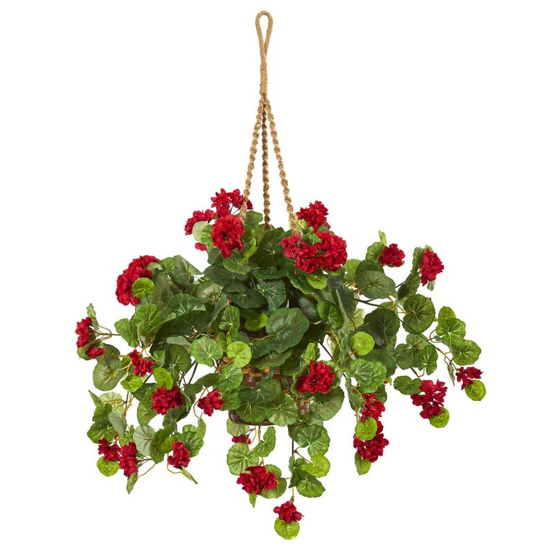 Artificial Hanging Plant with Basket - 27 Inch Indoor Decor - Faux Greenery for Home, Office, Living Room - Red
