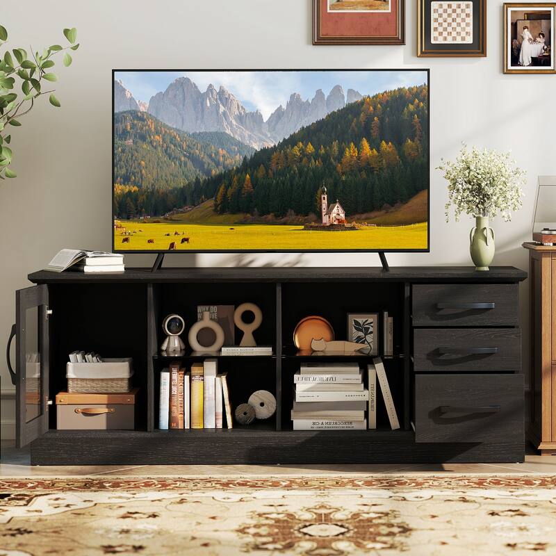 Gymax 63'' Media Console Table w/ 3 Drawers 2 Glass Shelves Cable