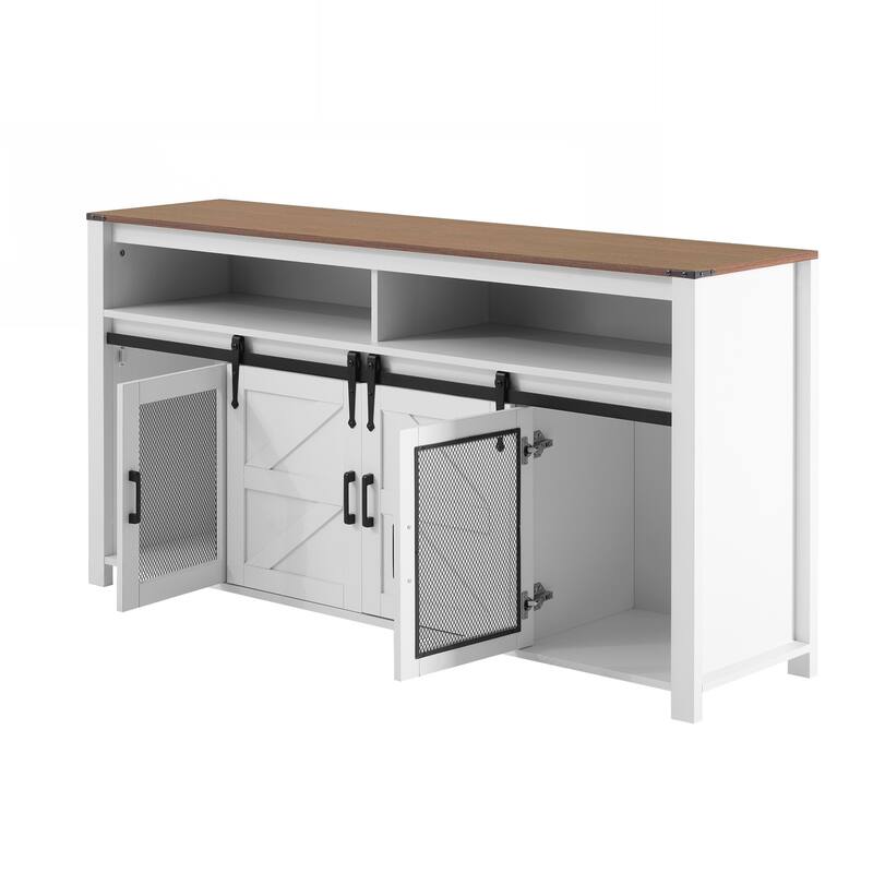 Sideboard with Sliding Barn Door and Mesh Panels,Farmhouse Buffet with Open Storage