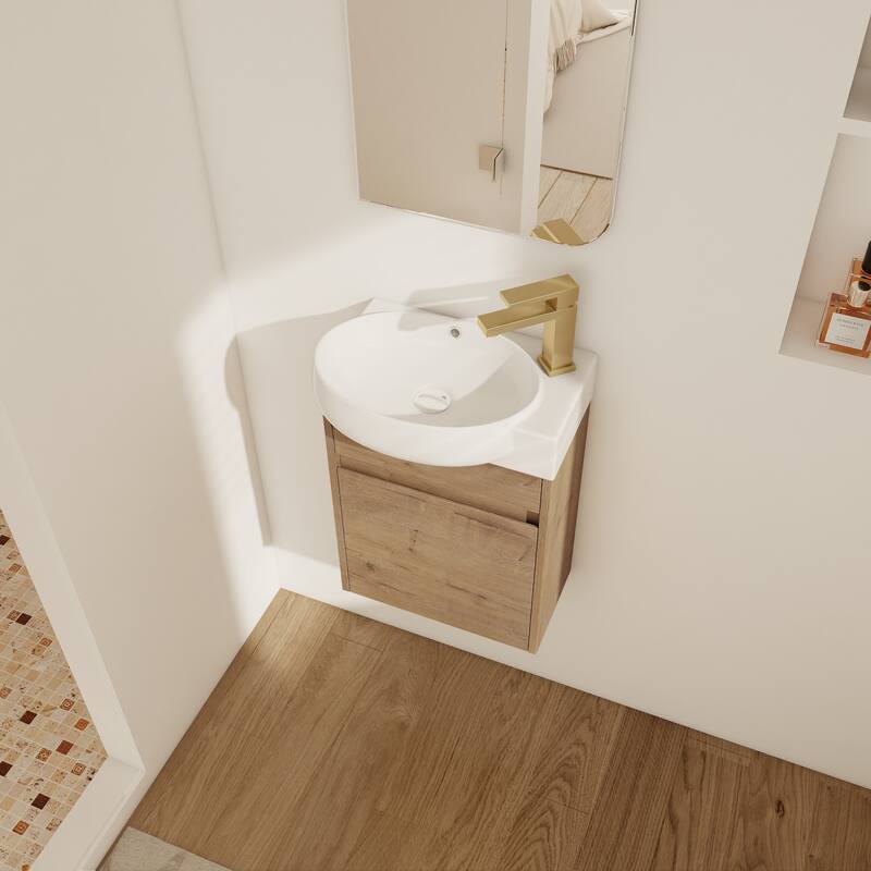 Compact Bathroom Vanity with Sink, Oval Single Ceramic Sink Bathroom Cabinet for Small Bathroom