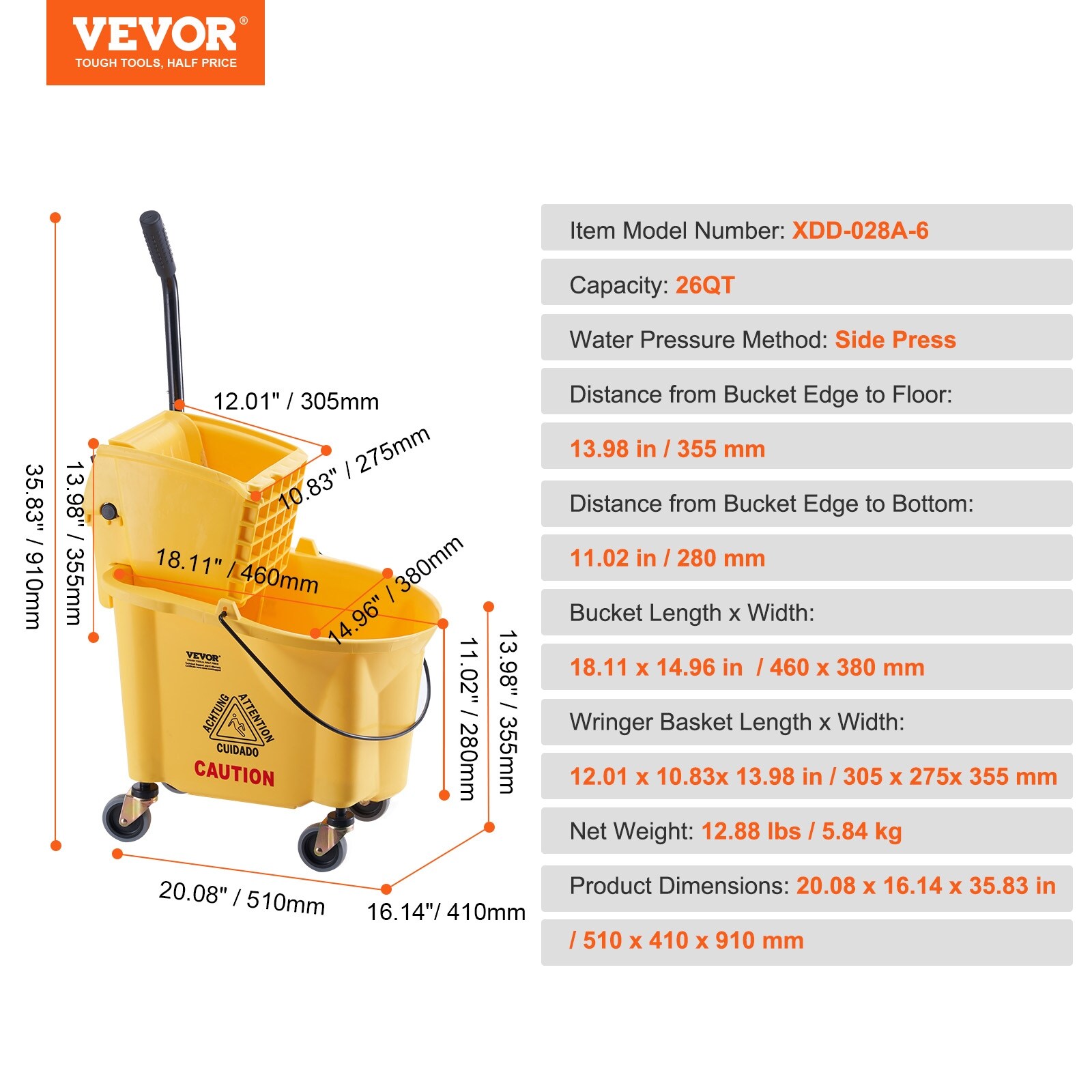 Mop Bucket with Wringer, 26 Qt. Commercial Mop Bucket for