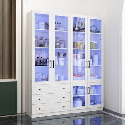 White Storage Solution with Ambient Light Features Pantry Bookshelves - 63"X78.7“