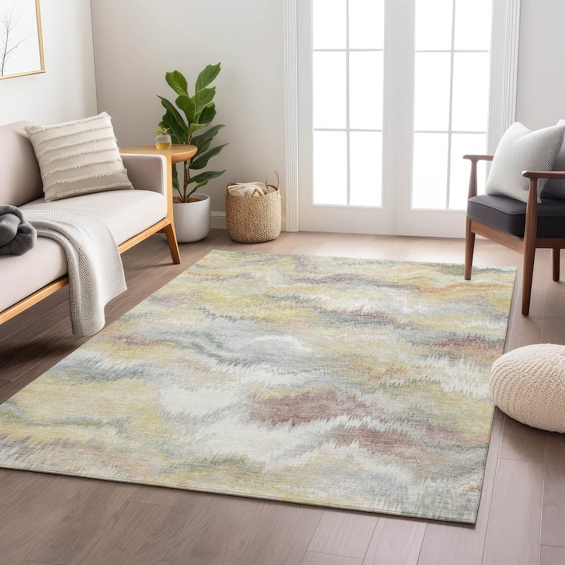 Machine Washable Indoor/ Outdoor Abstract Watercolor Chantille Rug