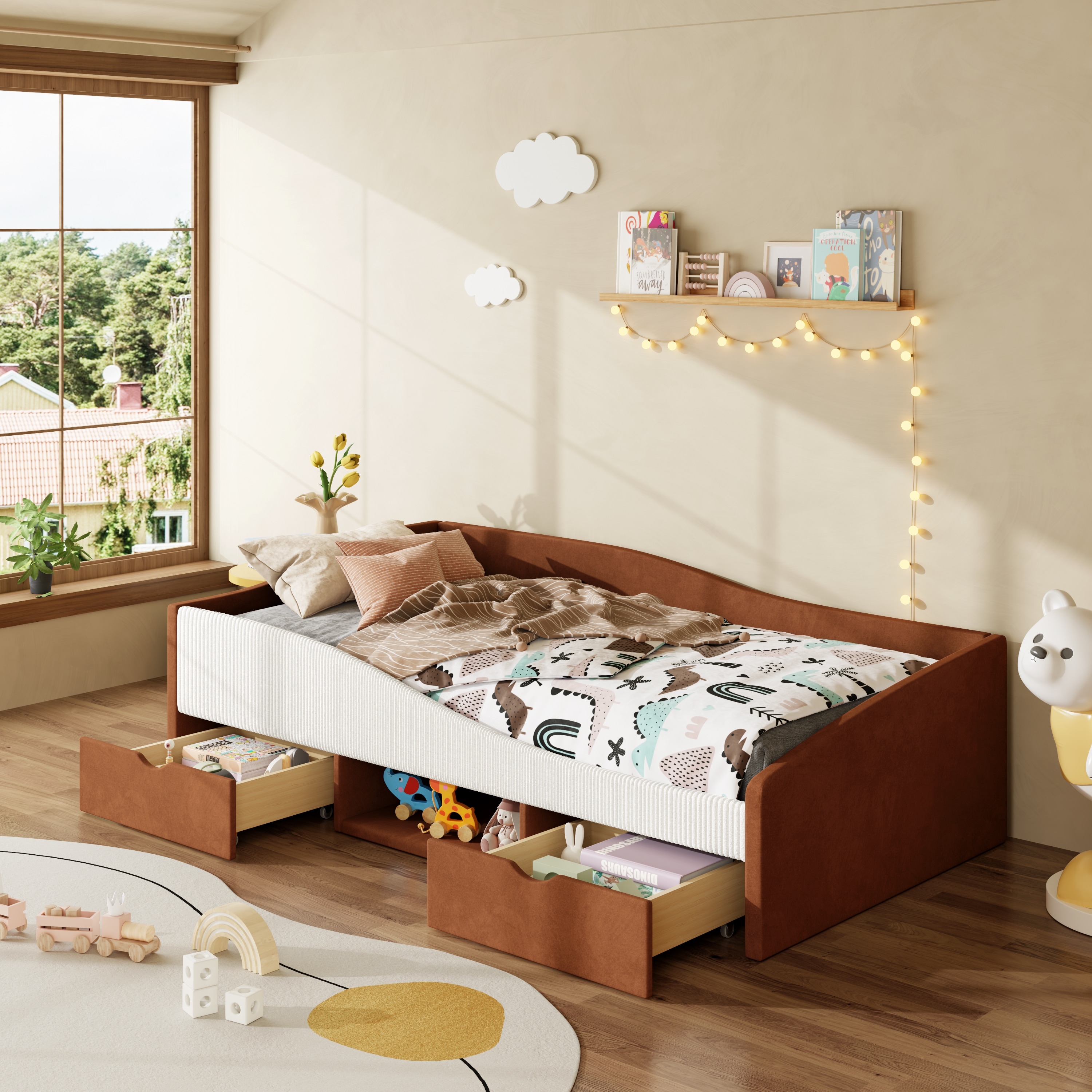 Upholstered Daybed Frame with 2 Drawer Chic Streamlined Guardrail