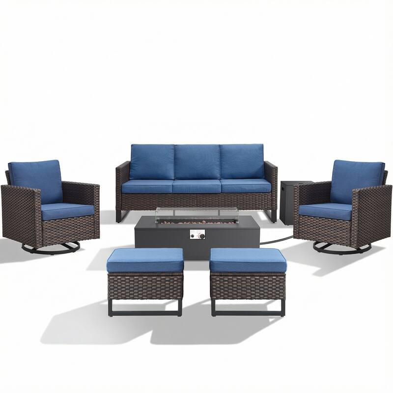 Pocassy Patio 5/7PCS Sofa Swivel Chair Ottoman with Fire Pit Table