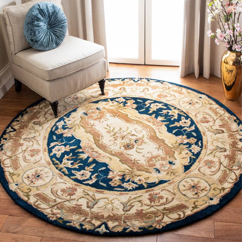 SAFAVIEH Handmade Empire Shawna Traditional Oriental Wool Rug - 3'6" Round - Navy/Beige - Round