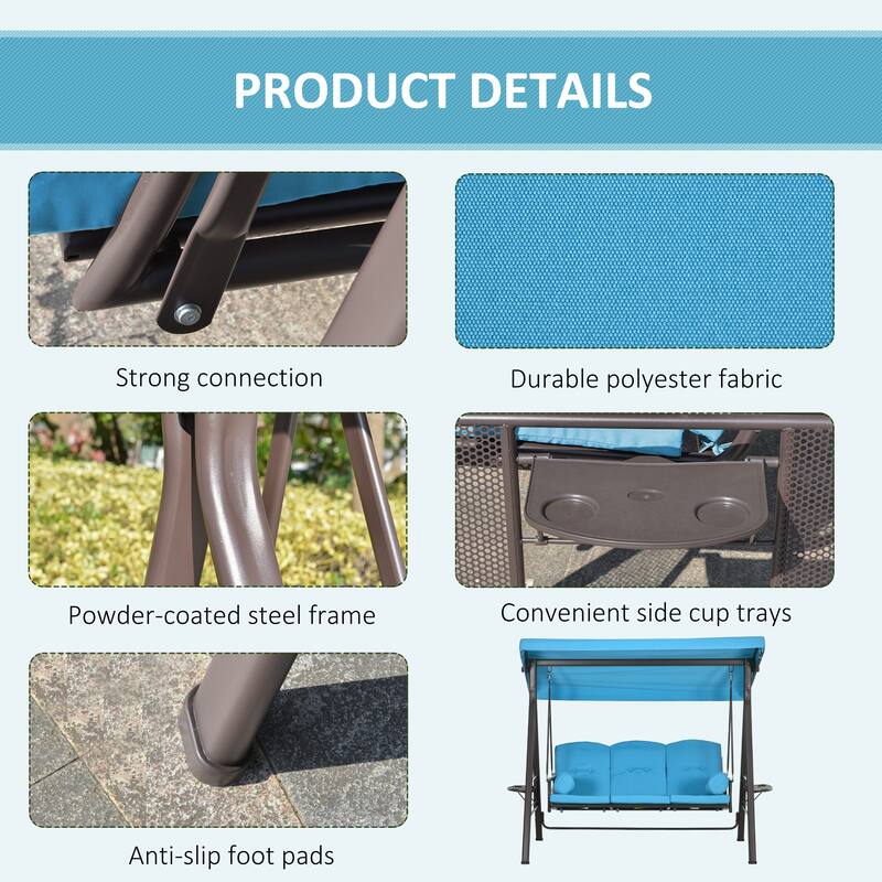 Outsunny 3-Seat Patio Swing Chair, Outdoor Porch Swing Glider with Adjustable Canopy, Removable Cushion, Pillows and Side Trays
