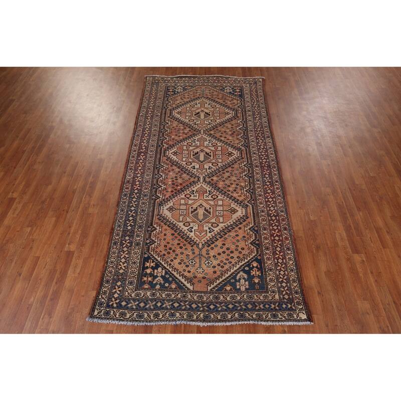 Geometric Bakhtiari Persian Vintage Rug Handmade Orange Wool Carpet - 4'11" x 10'0"