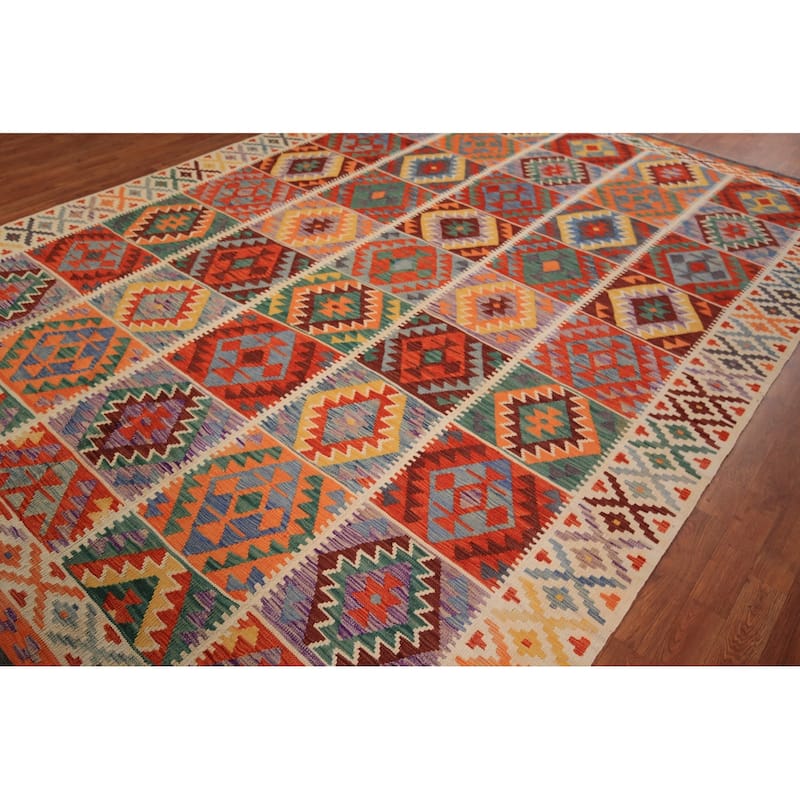 Colorful Geometric Kilim Oriental Area Rug Flatweave Wool Carpet - 8'5" x 11'9"