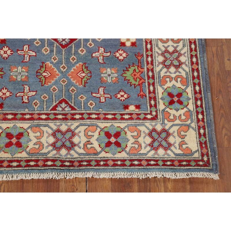 Geometric Blue Kazak Oriental Foyer Rug Hand-Knotted Wool Carpet - 3'4" x 4'11"