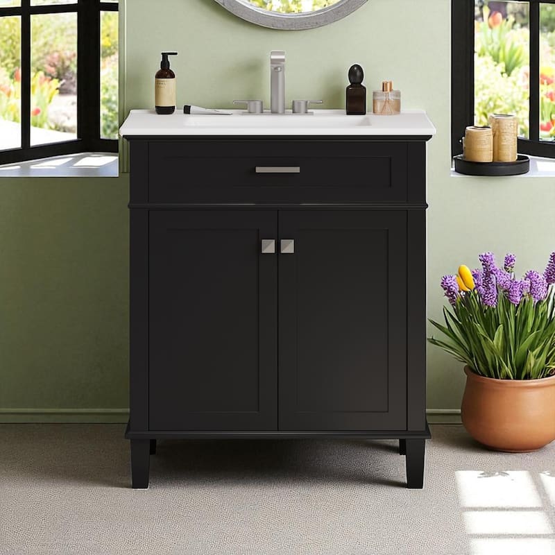 30" Bathroom Vanity with Ceramic Sink, Soft-Close Doors, Adjustable Shelf, 4" Faucet Ready - Black