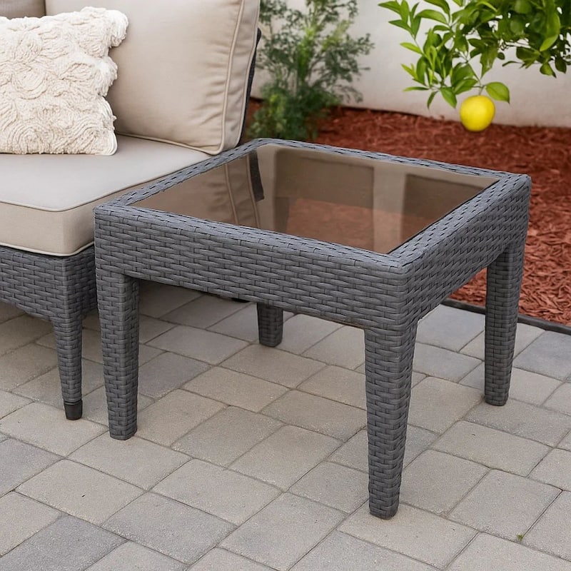 Annie Outdoor Square Accent Table, Tempered Glass, 20 Inch Gray Wicker