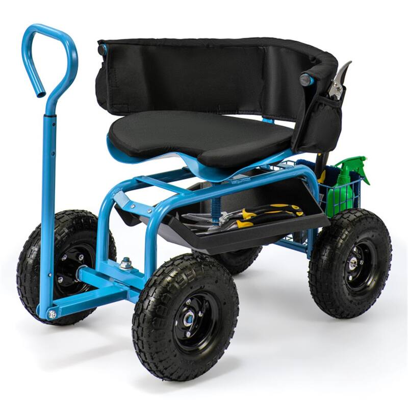 Adjustable Rolling Garden Cart with 360-Degree Swivel Seat Heavy-Duty Metal Frame Storage Basket - 35.5" x 24" x 23.5"-27"