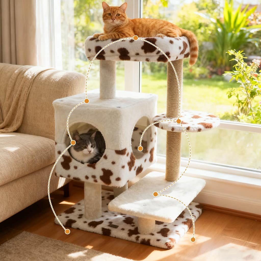 Costway Modern Cat Tree with Wide Upholstered Perch & 2-Entrance Cat - White, Brown - See Details
