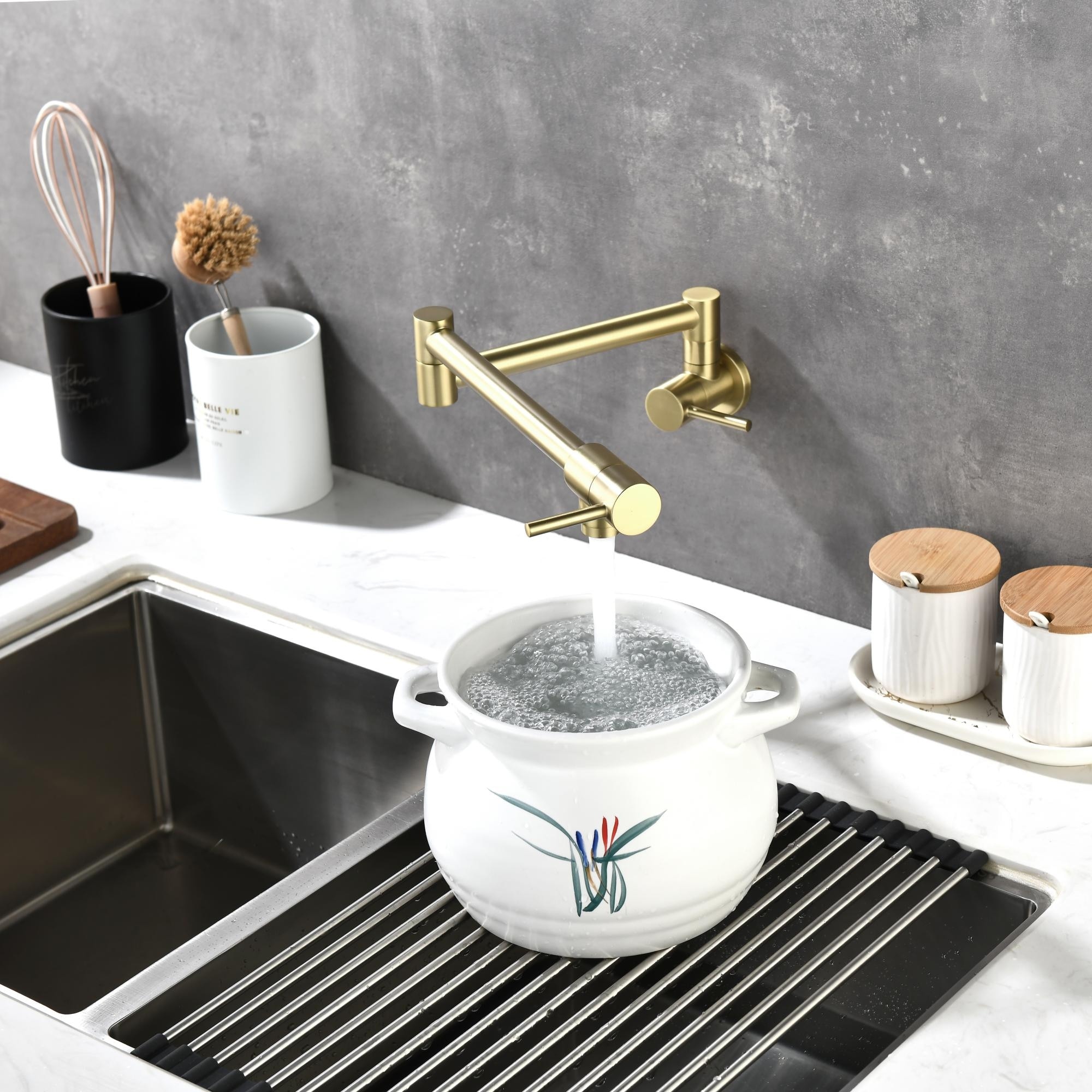 Dyconn Faucet Polished Chrome 2-Handle Wall-Mount Pot Filler Handle Kitchen Faucet Dyconn Faucet Polished Chrome 2-Handle Wall-Mount Pot Filler Handle Kitchen Faucet