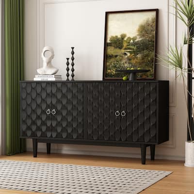 Modern 4-Door Sideboard with Convex Pattern & Silver Handles (Black)