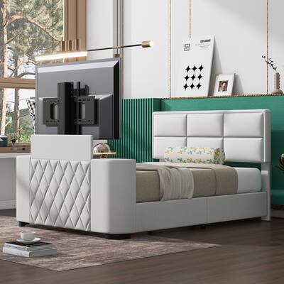 Upholstered TV Platform Bed with Height- Adjustable Headboard, Queen Size