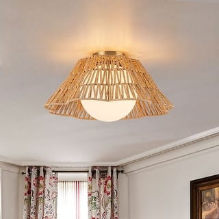 17.9'' Frosted Glass Natural Rattan Semi Flush Mount 1-Light