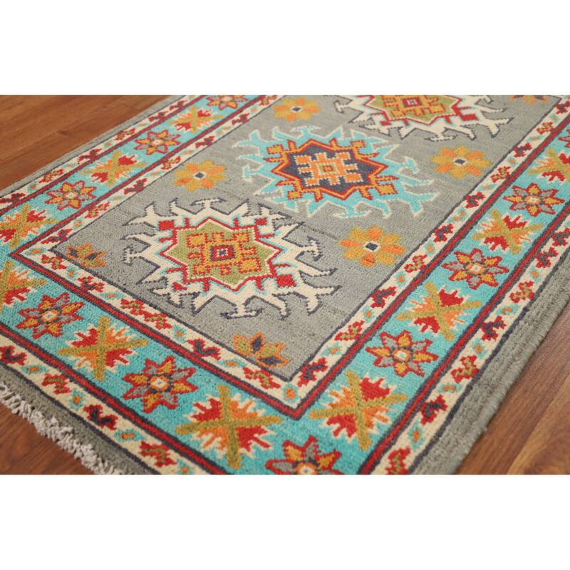 Gray Turquoise Kazak Oriental Foyer Rug Hand-Knotted Wool Carpet - 2'0"x 3'0"